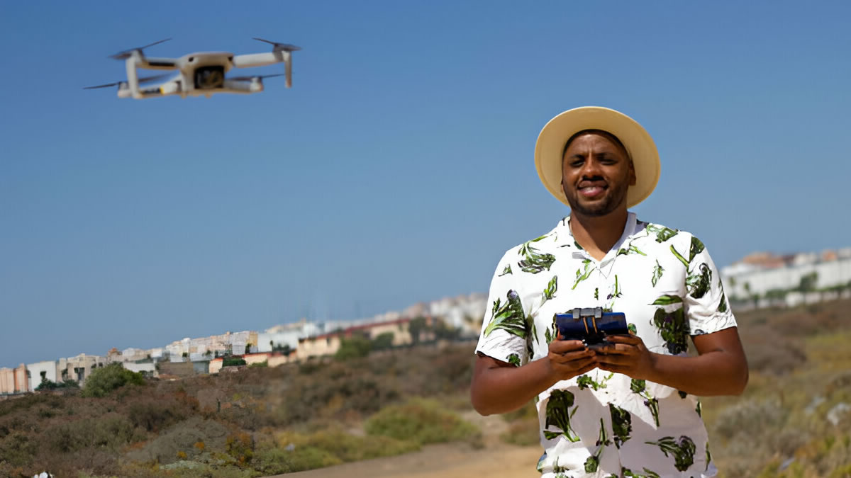 Drone pilot filming commercial real estate